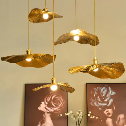 Lotus Leaf LED Chandelier Creative Copper Pendant Light for Bedroom