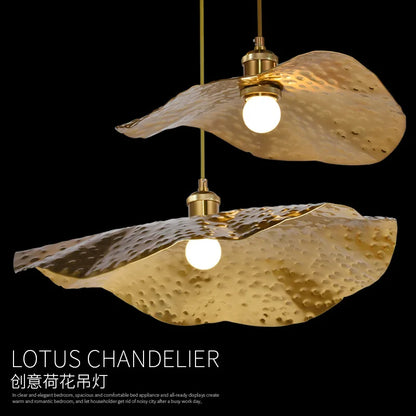 Lotus Leaf LED Chandelier Creative Copper Pendant Light for Bedroom